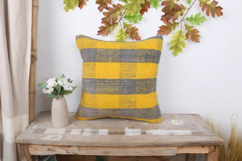 Home Decor Pillow, 16x16 Yellow Cushion Case, Nomadic Pillow, Pillow Case, Vintage Kilim Throw Pillow, Antique Pillows, Bolster Pillow Sham - 1