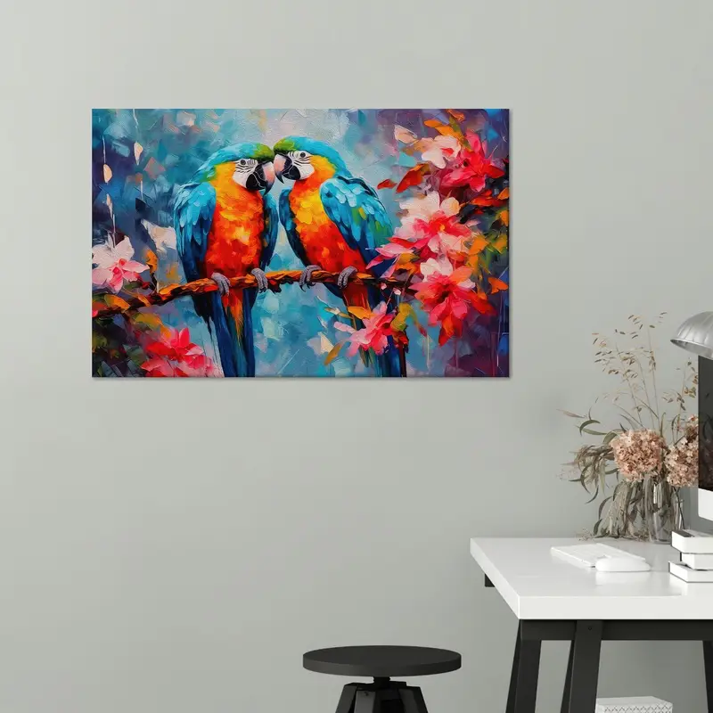 エレガントなオウムのカップル キャンバス: 鮮やかなプリント ウォール アート