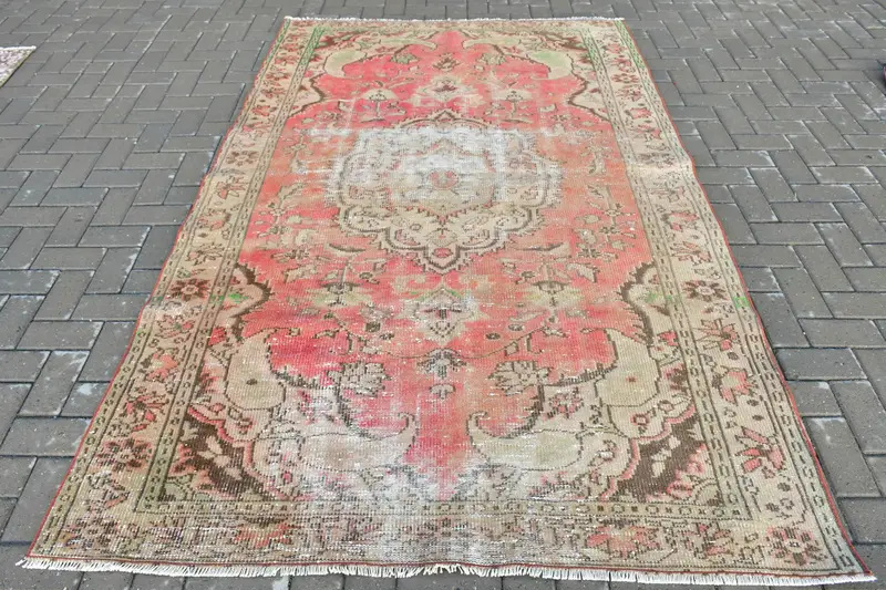 Vintage Turkish Oushak Rug 5.3x8.5 ft (163x260 cm), Red Wool Rug - 1