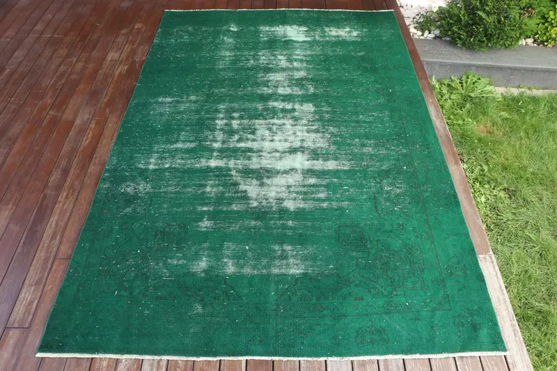 Alfombra verde hecha a mano, diseño floral geométrico de 0,5x8,4 pies