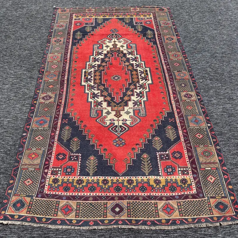 Alfombra roja y azul, diseño botánico de 0,4x8 pies