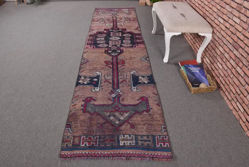 Turkish Herki Runner Rug 2.6x10.9 ft (80x332 cm), Vintage Red Bordered Rug - 1