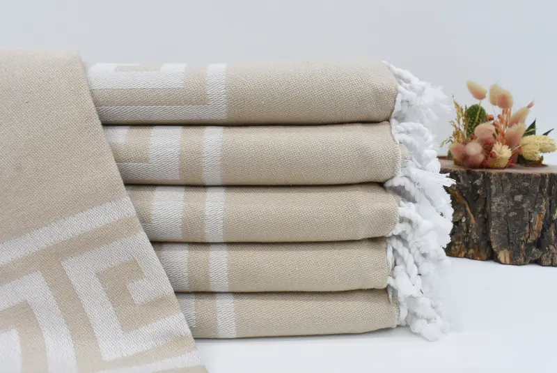 Beige Patterned Turkish Cotton Towel, Personalized, 70x40 Inches