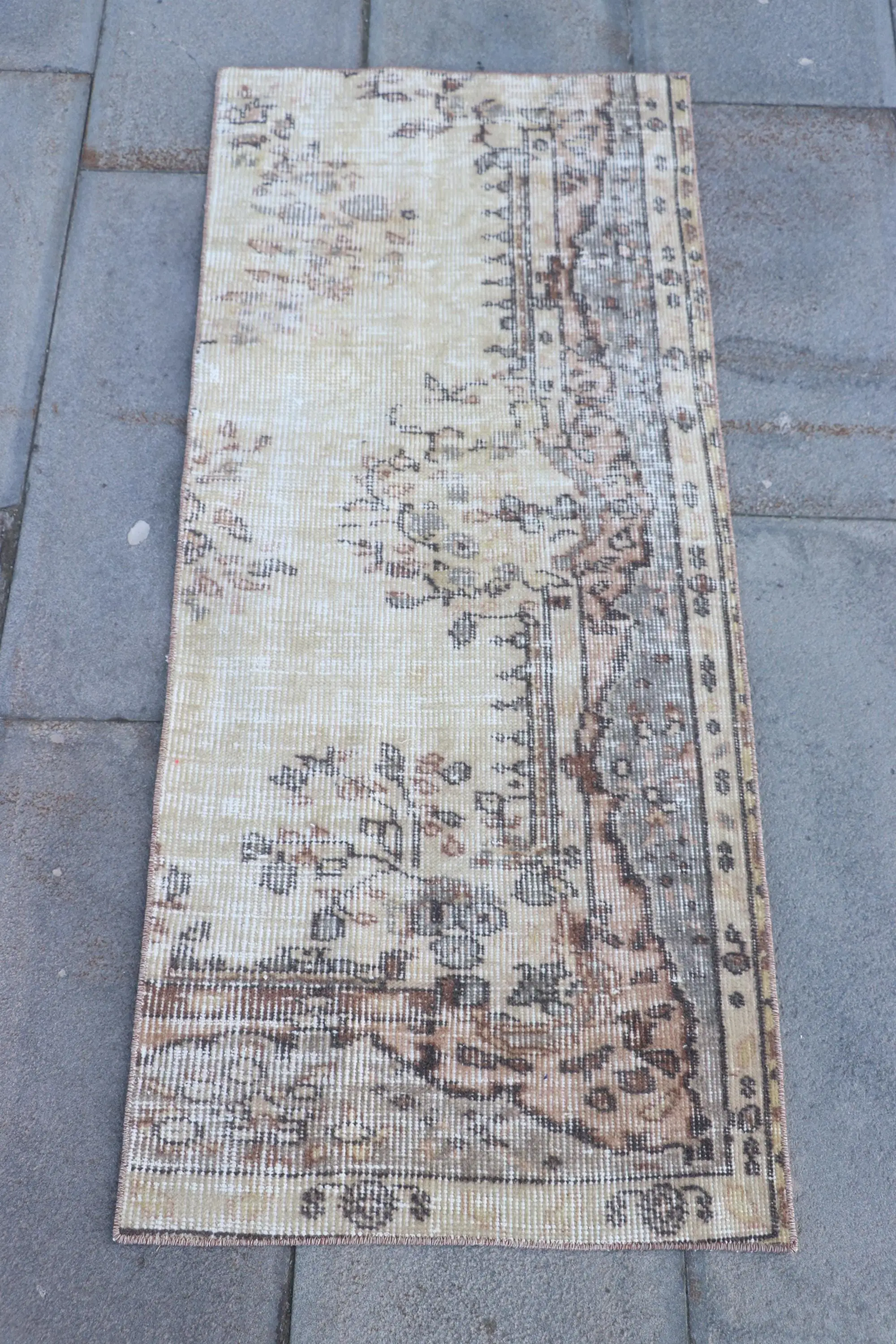 1.7x4.1 ft Vintage Rug, Brown Floral Turkish Wool Rug - 1
