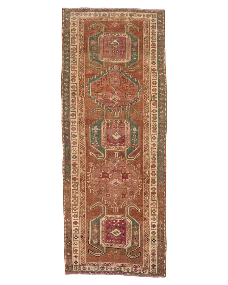 Bronze & Blue Rug, 3,6x9,4 ft Plant & Tree Pattern