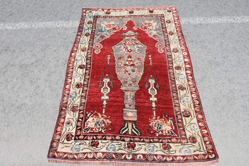 Turkish Rug, 3.8x5.8 ft Accent Rug, Red Abstract Wool Vintage Rug - 1