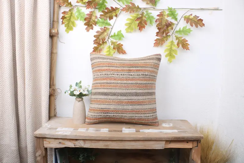Turkish Kilim Pillow, Pillow Cover, One Of A Kind Cushion Case, 16x16 Beige Cushion Case, Throw Kilim Pillow, Kilim Cushion Sham - 1