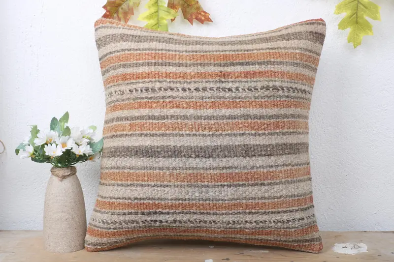 Turkish Kilim Pillow, Pillow Cover, One Of A Kind Cushion Case, 16x16 Beige Cushion Case, Throw Kilim Pillow, Kilim Cushion Sham - 2