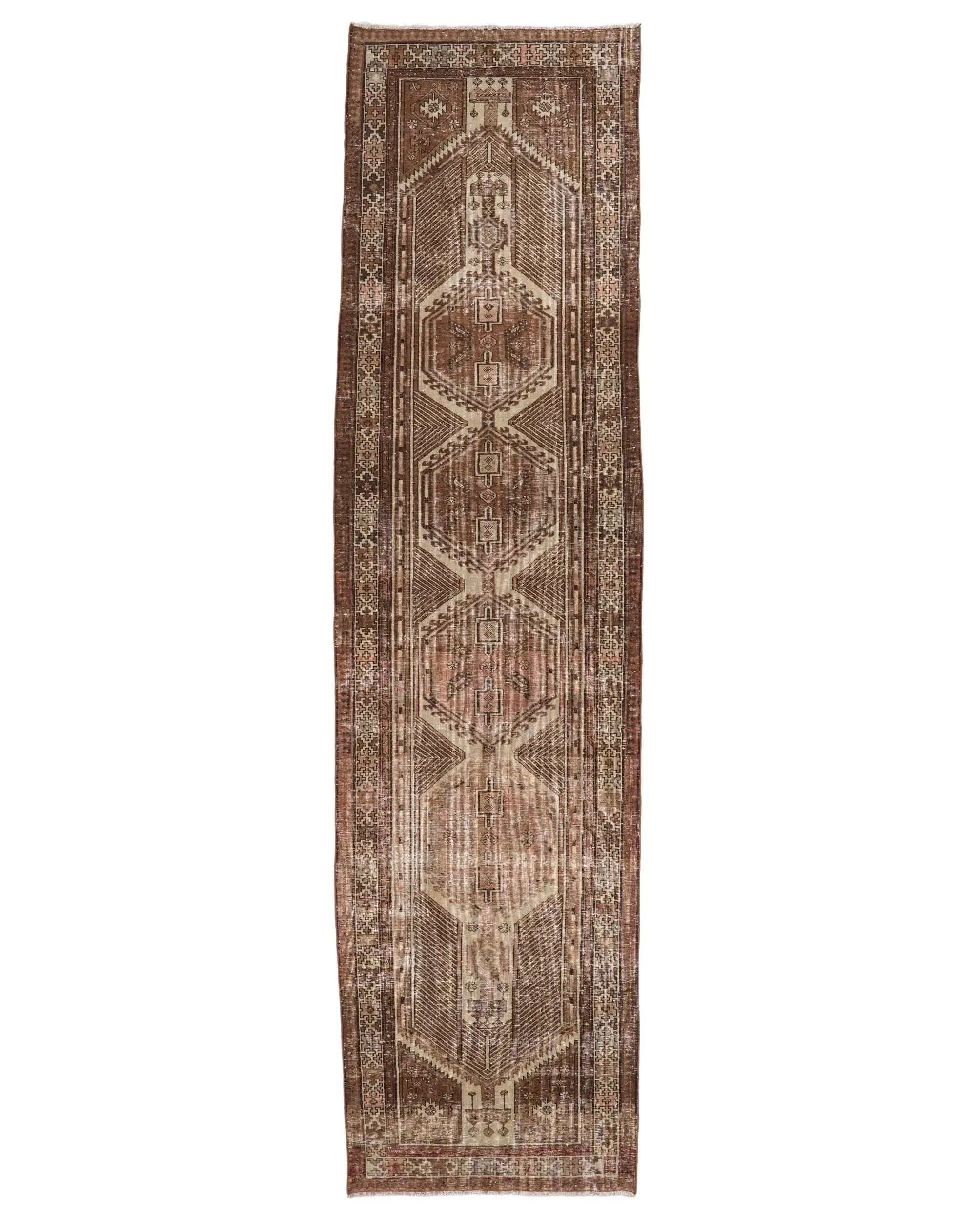 Vintage 3.37x13.5 ft Rug, Turkish Rug, Brown Polka dot Rug Wool - 1