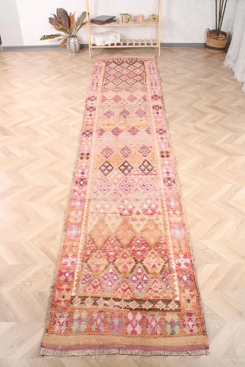 Turkish 2.7x14.1 ft Runner Rug, Vintage Rug, Herki Pink Plants & trees Rug - 1