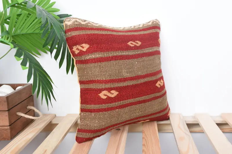 Natural Pillow Case, Kilim Cushion Sham, Aesthetic Pillow Sham, Vintage Kilim Pillow, Cushion, Boho Pillow, 14x14 Red Pillow Cover - 4