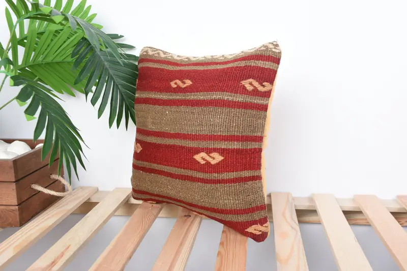 Natural Pillow Case, Kilim Cushion Sham, Aesthetic Pillow Sham, Vintage Kilim Pillow, Cushion, Boho Pillow, 14x14 Red Pillow Cover - 5