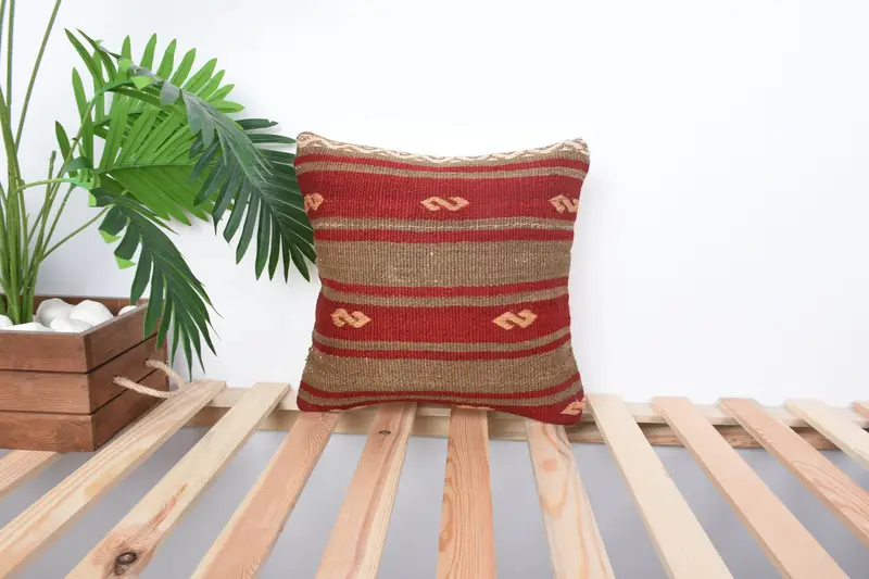 Natural Pillow Case, Kilim Cushion Sham, Aesthetic Pillow Sham, Vintage Kilim Pillow, Cushion, Boho Pillow, 14x14 Red Pillow Cover - 1