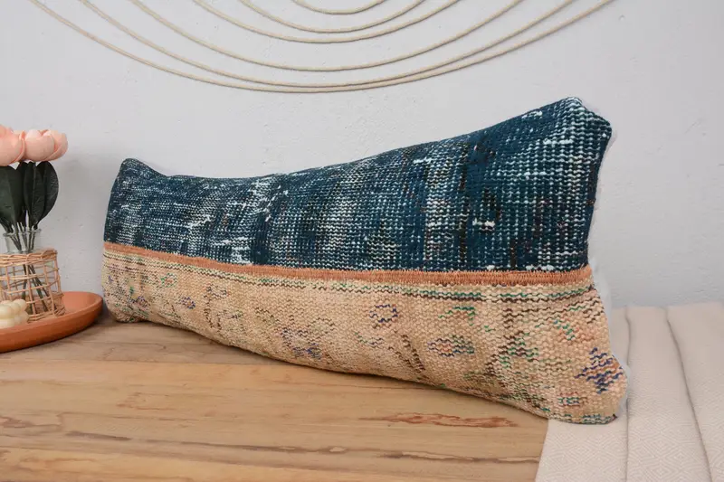 Outdoor Throw Cushion, Throw Kilim Pillow, Interior Designer Pillow, Vintage Pillow, Pillow Sham, Ethnic Cushion, 12x36 Blue Cushion - 4
