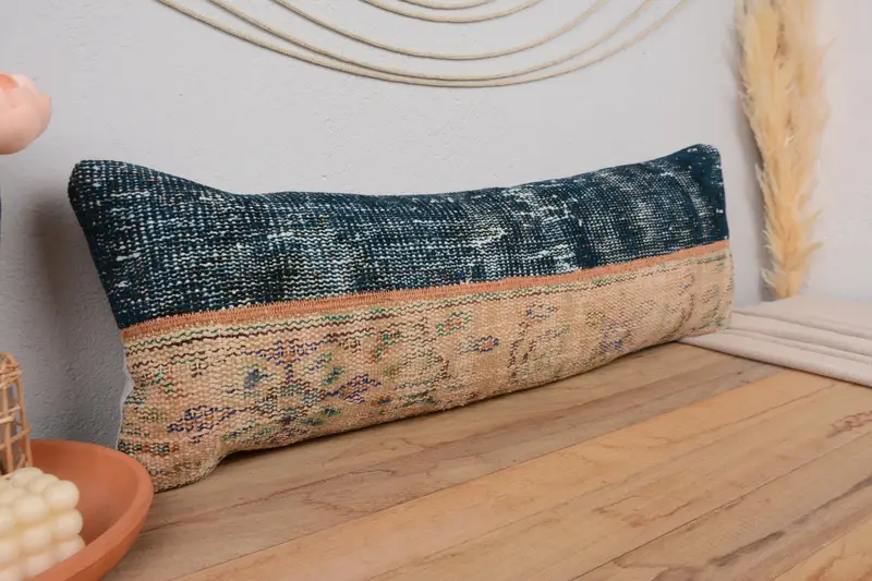 Outdoor Throw Cushion, Throw Kilim Pillow, Interior Designer Pillow, Vintage Pillow, Pillow Sham, Ethnic Cushion, 12x36 Blue Cushion - 1