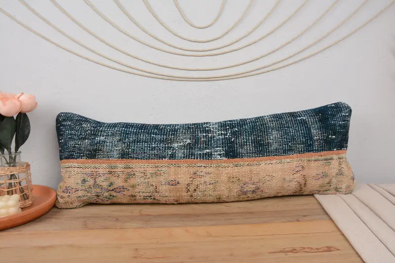 Outdoor Throw Cushion, Throw Kilim Pillow, Interior Designer Pillow, Vintage Pillow, Pillow Sham, Ethnic Cushion, 12x36 Blue Cushion - 2
