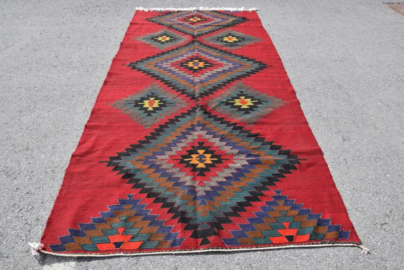 Turkish Vintage Rug 5x10.7 ft (153x326 cm), Kilim Red Wool Rug - 1