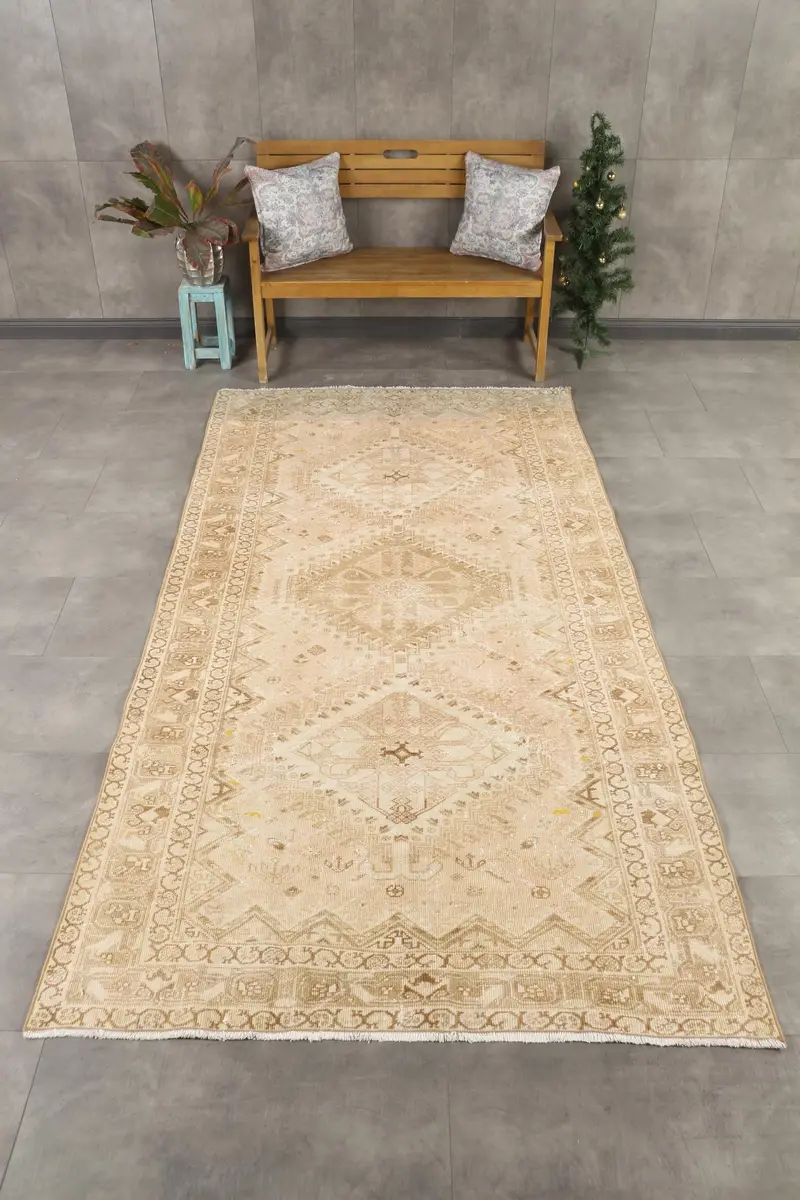 Türk 5x10.1 ft Halı, Oushak Vintage Halı, Bej Geometrik Yün Halı - 1
