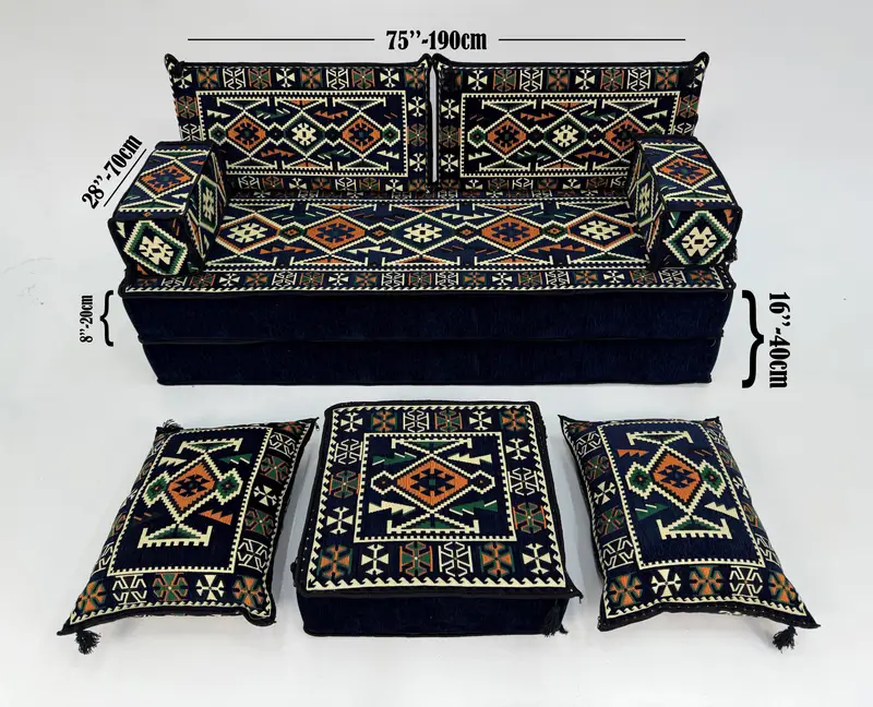 Handmade Kilim-Inspired Blue & Black Pouf, Multi-Purpose Seating Pouf