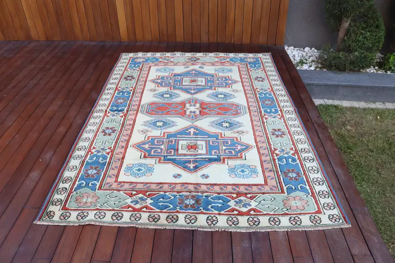 5.2x8.6 ft Vintage Oushak Halı, Türk Halısı, Mavi Çiçekli Yün Halı - 1