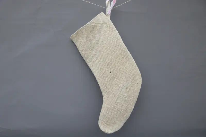 Beige Christmas Stocking with White Ornaments, 9-Inch Festive Stocking