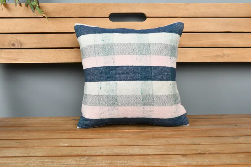 16x16 Blue Pillow, Farmhouse Pillow Cover, Wool Kilim Pillow Cushion, Boho Pillow, Kilim Pillow Cover, Pillow Sham, Turkish Pillow - 6