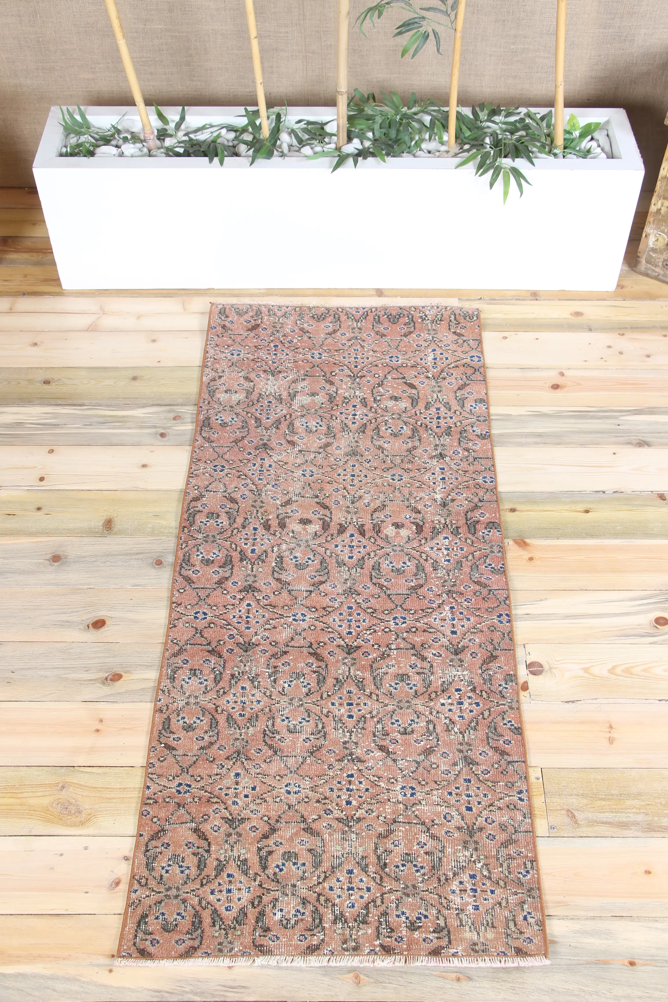 Turkish Vintage Rug 2.5x5.7 ft (75x175 cm), Oushak Brown Blue Floral Rug - 1