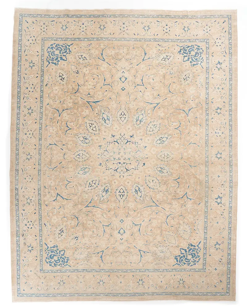Zarif Bej Halı, Mavi Desenli 10,4x13,8 ft