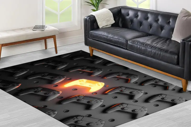 ゲームルームと男の洞窟用のエレガントなブラックの抽象プリントラグ