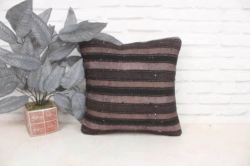 Turkish Kilim Pillow, Handmade Rug Seat Cushion Cover, Ethnical Kilim Rug Pillow, Vintage Kilim Throw Pillow, 16x16 Gray Cushion Cover, Pillow Sham - 1