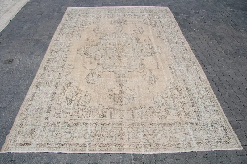 8.4x12.5 ft Rug, Vintage Turkish Rug, Oushak Beige Bordered Rug - 1