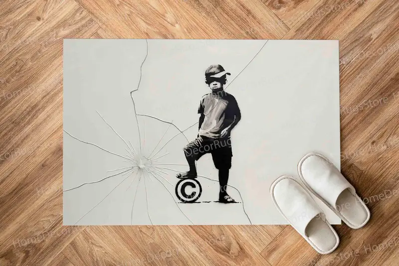 Ball And Boy Banksy Child Printed Rug - Modern Art Decor