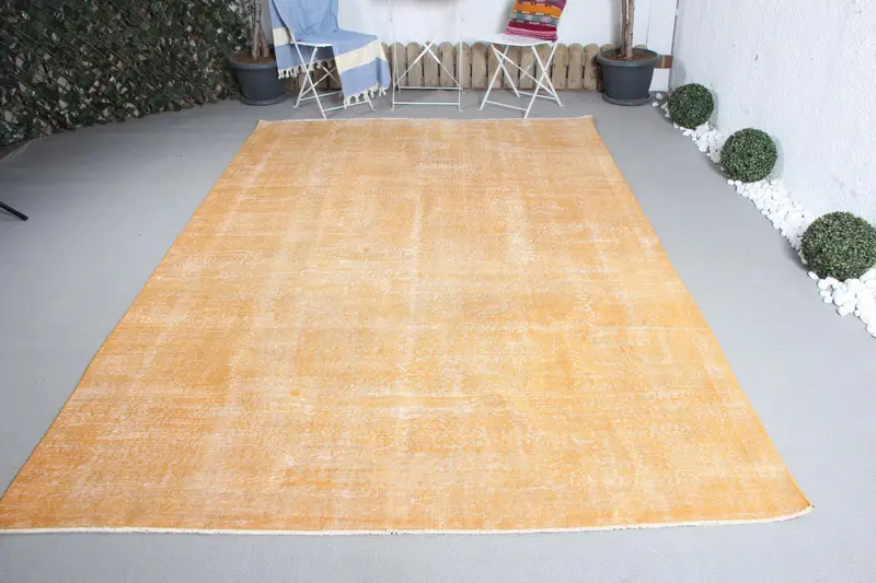 6.7x10.3 ft Büyük Türk Halısı, Vintage Halı, Sarı Beyaz Çiçekli Yün Halı - 1