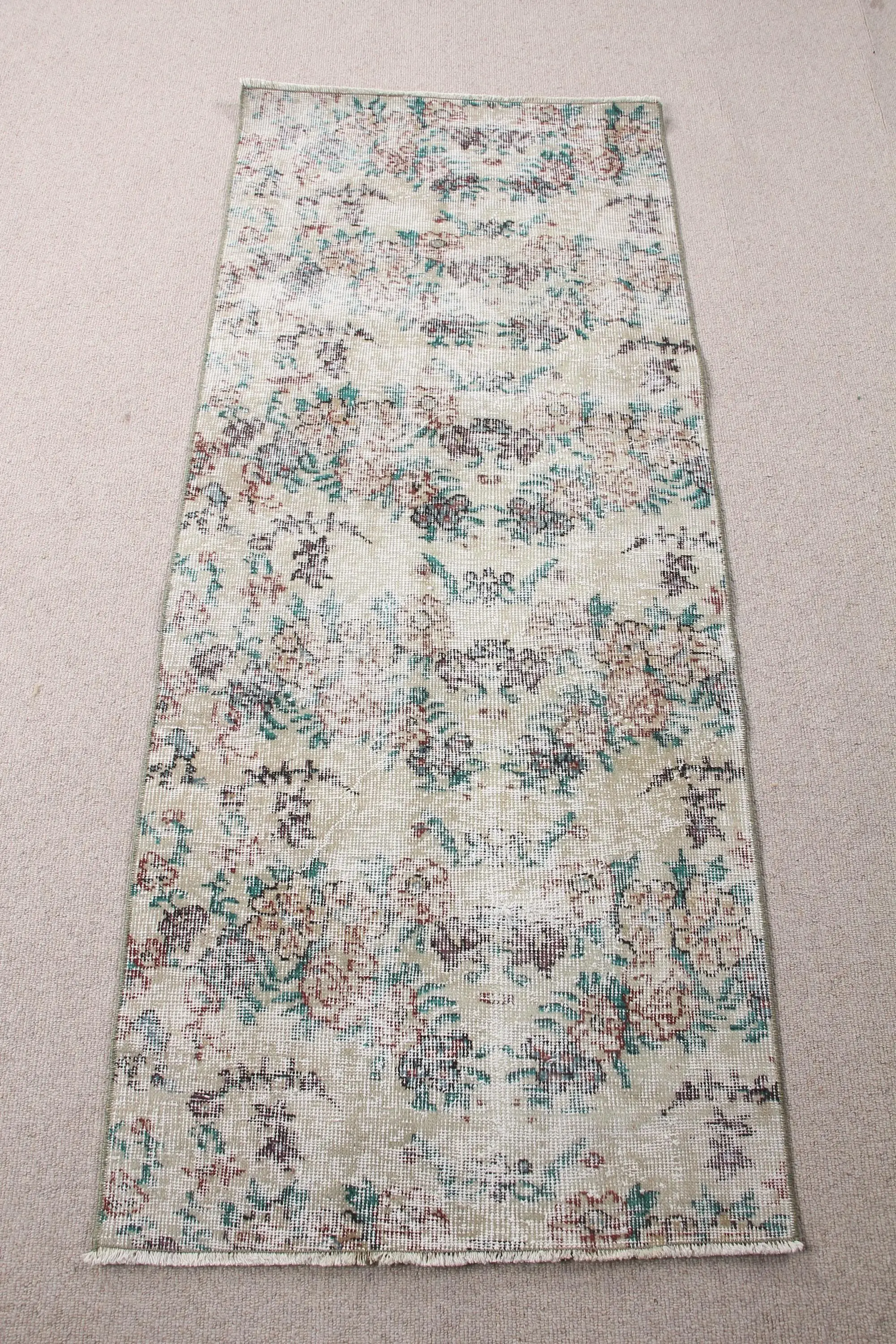 Turkish 2.3x5.6 ft Rug, Vintage Rug, Green Floral Rug Wool - 1