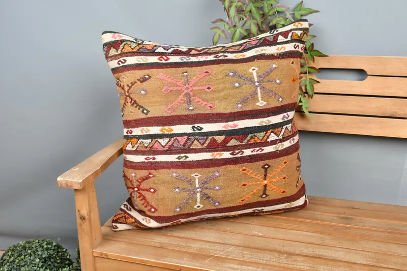 Kilim Pillow, Bolster Throw Pillow, Ethnic Pillow Cover Pillow Sham, 24x24 Beige Pillow Cover, Home Decor Pillow, Pillow Case, Gift Pillow - 1