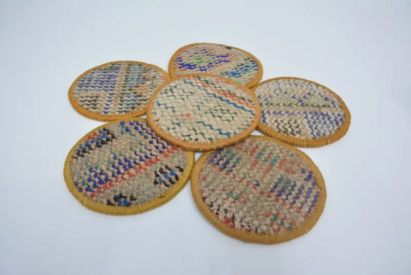 Elegante juego de posavasos beige y bronce, posavasos de alfombras turcas de primera calidad