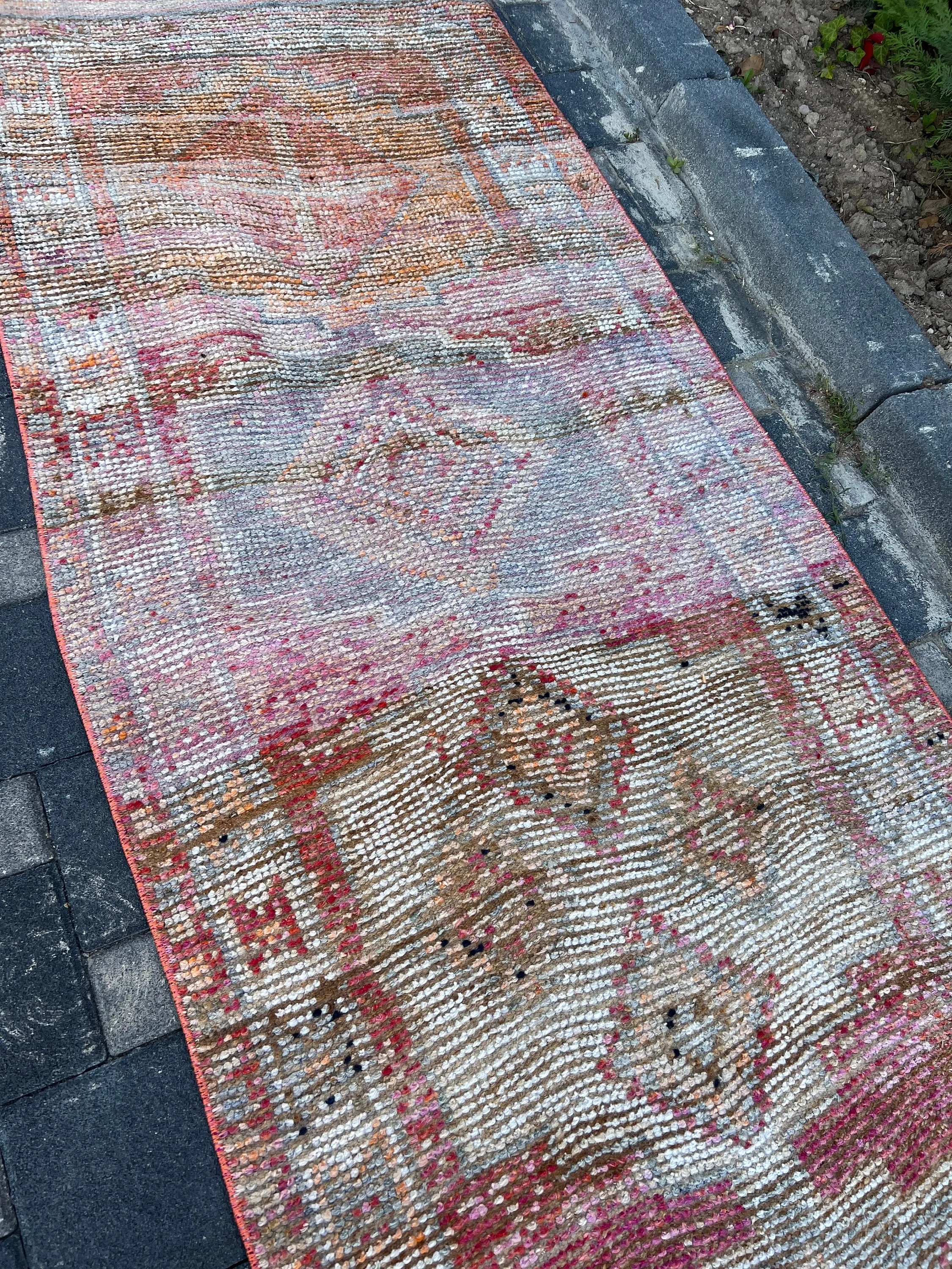 Vintage Turkish Rug, 3.2x11.3 ft Herki Rug, Brown Pink Oriental Rug - 1