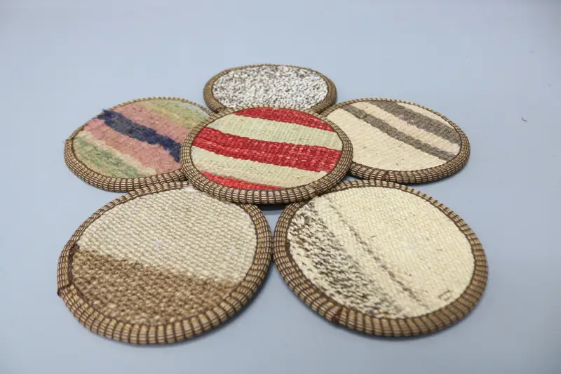 Red and Brown Striped Coasters, Unique Wool and Leather Coasters