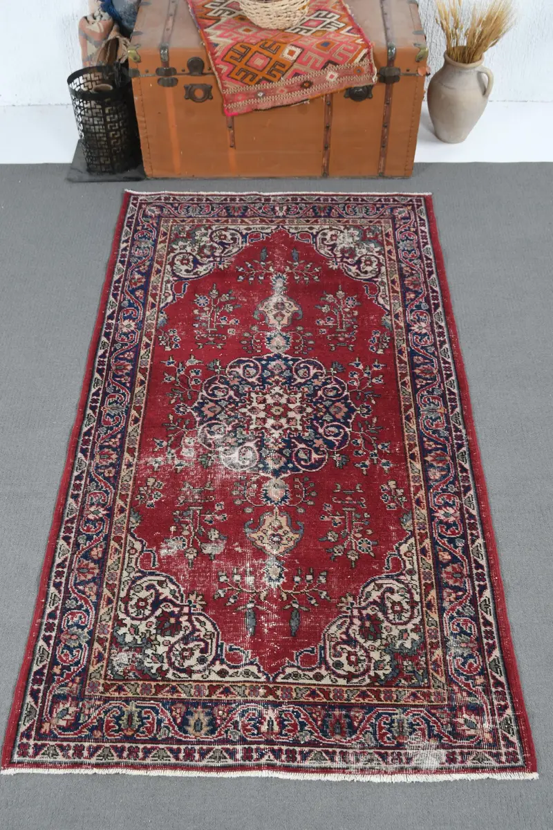 Vintage Oushak Teppich 3,7x6,7 ft (114x204 cm), türkischer roter marokkanischer Wollteppich - 1