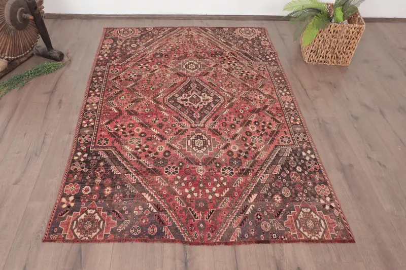 4x5.8 ft Halı, Türk Vintage Halısı, Kırmızı Oushak Yün Halı - 1