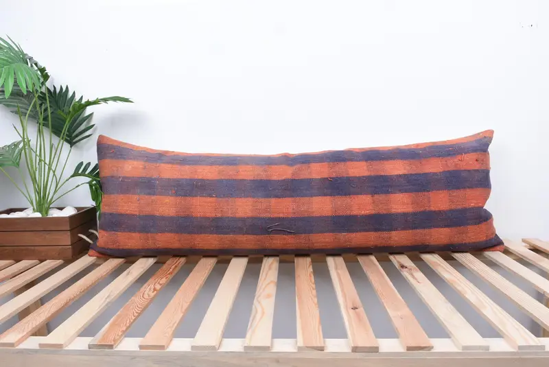 Pillow Case, Handwoven Pillow Cover Cushion Cover, Ethnical Kilim Rug Pillow, Home Decor Pillow, Kilim Pillow, 16x48 Orange Cushion Case - 1