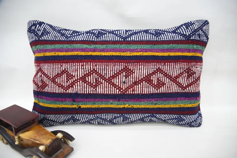 Living Room Throw Cushion, 12x20 Blue Pillow, Vintage Kilim Throw Pillow, Natural Pillow Cover, Handmade Kilim Cushion, Pillow Case, Turkish Pillow - 1