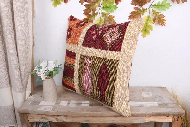 18x18 Red Pillow Case, Boho Pillow, Designer Throw Pillow Sham, Kilim Rug Cushion Cover, Cushion, Handmade Kilim Cushion, Kilim Cushion Sham - 4