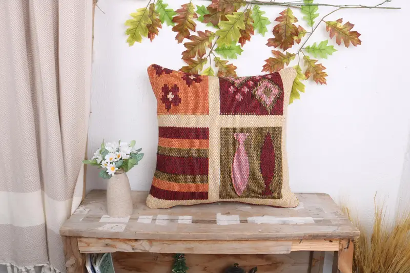18x18 Red Pillow Case, Boho Pillow, Designer Throw Pillow Sham, Kilim Rug Cushion Cover, Cushion, Handmade Kilim Cushion, Kilim Cushion Sham - 1