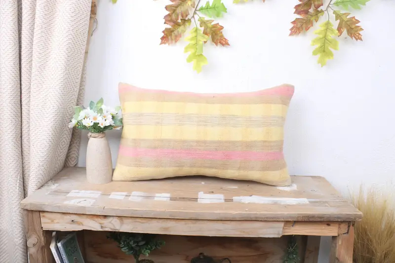 Authentic Pillow Sham, Pillow for Couch, Indoor Pillow Cover, 12x20 Yellow Cushion, Pillow Case, Gift Pillow, Ethnical Kilim Rug Pillow - 1