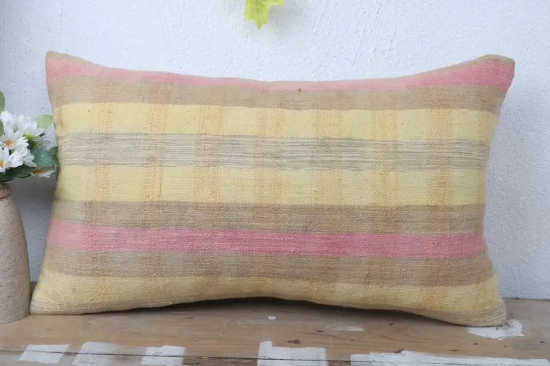 Authentic Pillow Sham, Pillow for Couch, Indoor Pillow Cover, 12x20 Yellow Cushion, Pillow Case, Gift Pillow, Ethnical Kilim Rug Pillow - 2