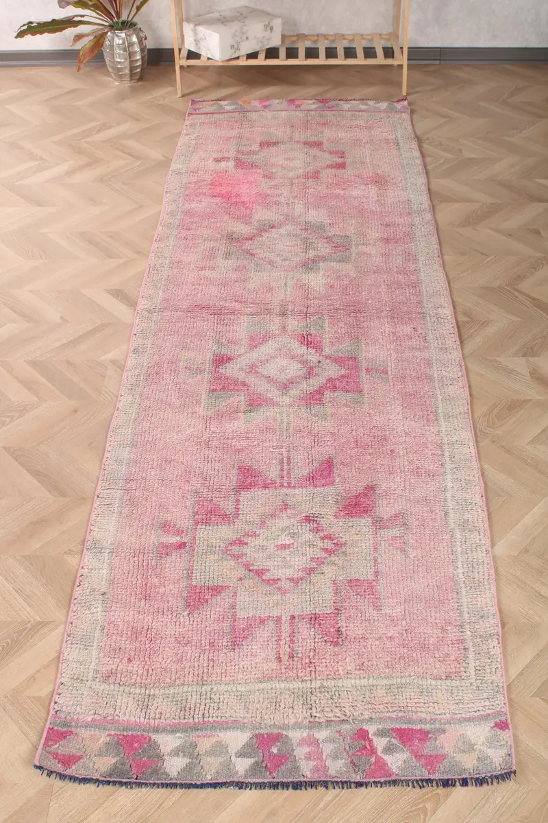 Vintage Runner Rug 2.7x10.8 ft, Turkish Herki Pink Abstract Wool Rug - 1