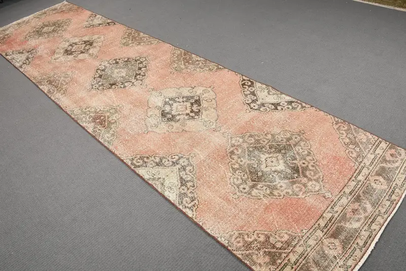 3.3x12.7 ft Rug, Turkish Vintage Runner Rug, Red Oushak Wool Rug - 1