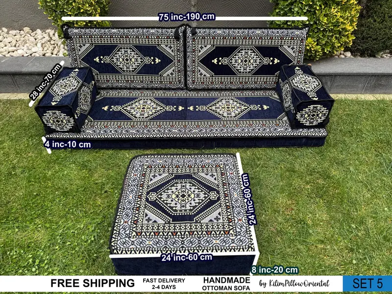 Kilim-Inspired Pouf, Blue & Gray Wool Ottoman Pouf