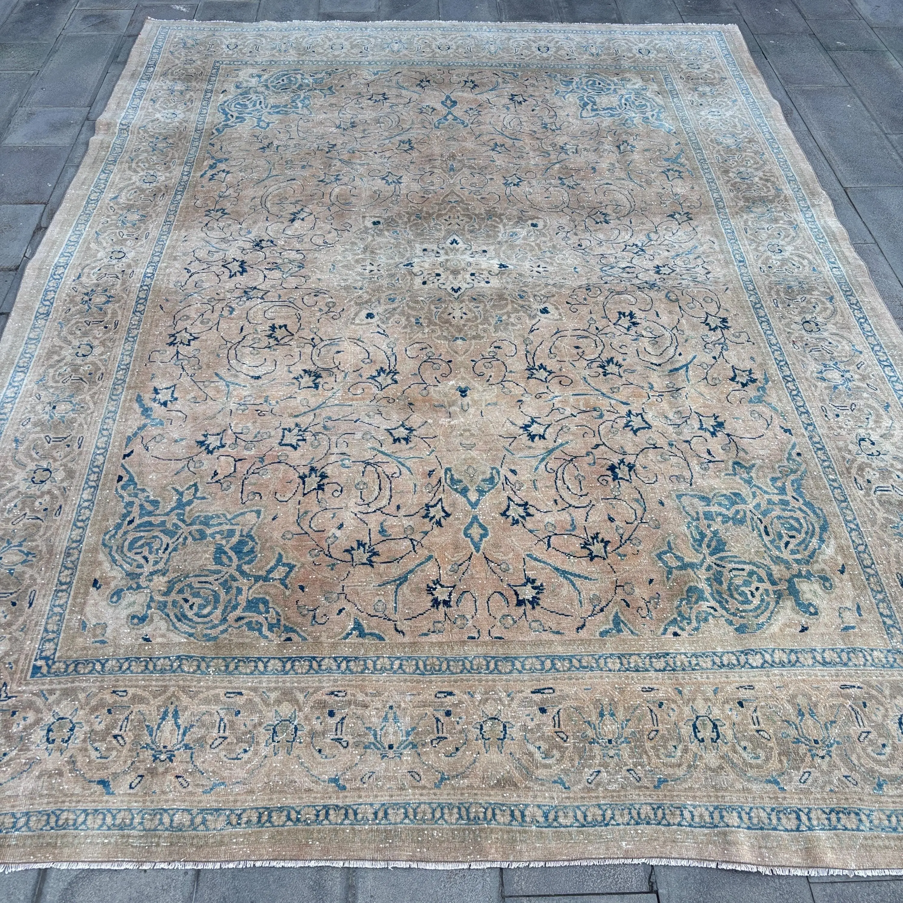 9.4x13.1 ft Turkish Rug, Vintage Oversize Rug, Blue Brown Plants & trees Rug - 1